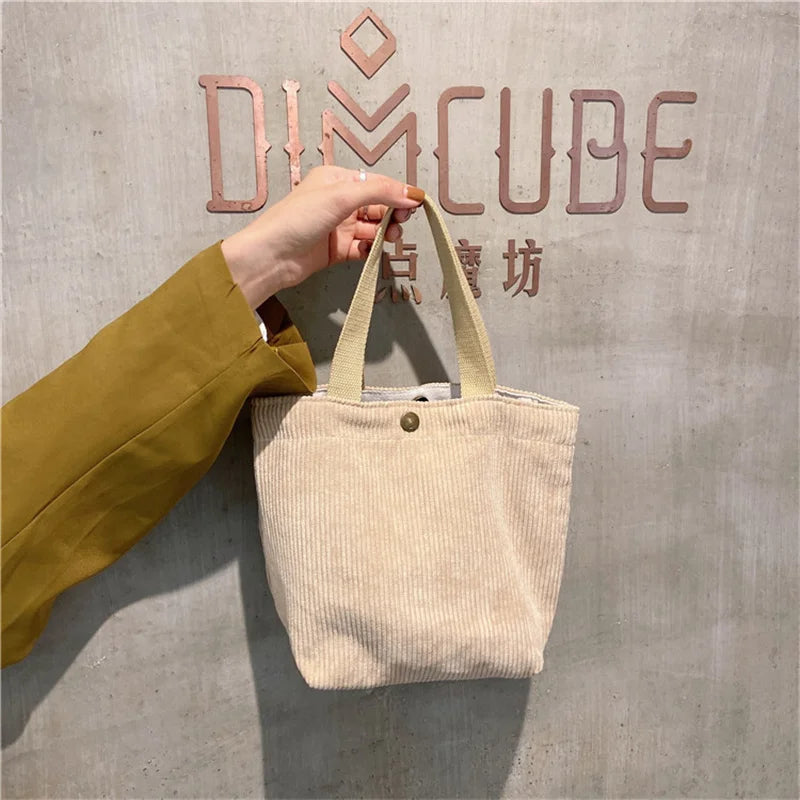 Cute Corduroy Shopper Tote Bag Woman Girls Lady Travel Shopping Cloth Handbags Lunch Bag Small Portable Hand Pouch Bag Organizer