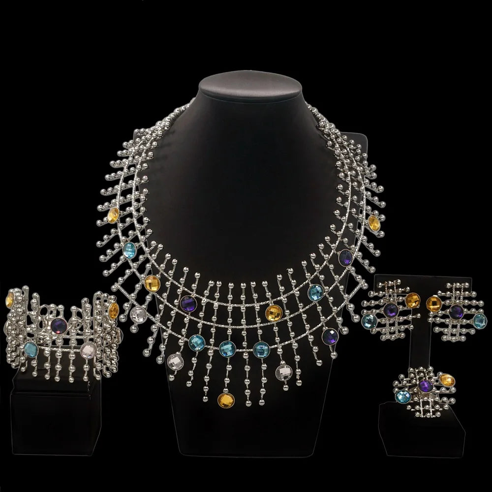 24k Gold Plated Women Jewelry Set Necklace  Chain Earrings Bangle Ring Multi Color Stone