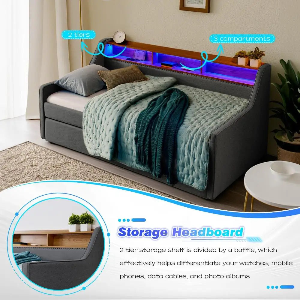 Twin Daybed w/Pop Up Trundle & Wireless Charger, Upholstered Sofa Day Bed Frame w/LED/USB/Type C/Storage Headboard