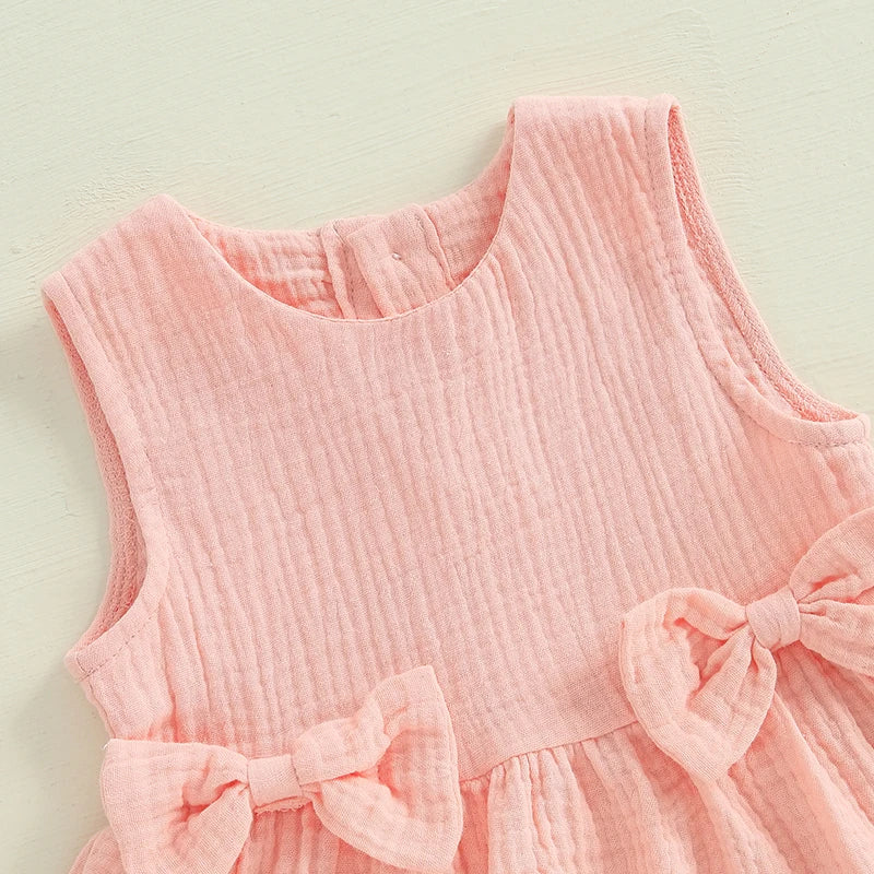 2024-12-24 Lioraitiin Toddler Baby Girl Summer Clothes Solid Color Bow Round Neck Tank Tops + Elastic Waist Ruffled Shorts Set