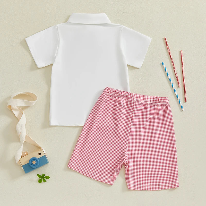 Toddler Boy Independence Day Clothing Set Short Sleeve Lapel Shirt Plaid Shorts Outfit 4th of July Baby Clothes
