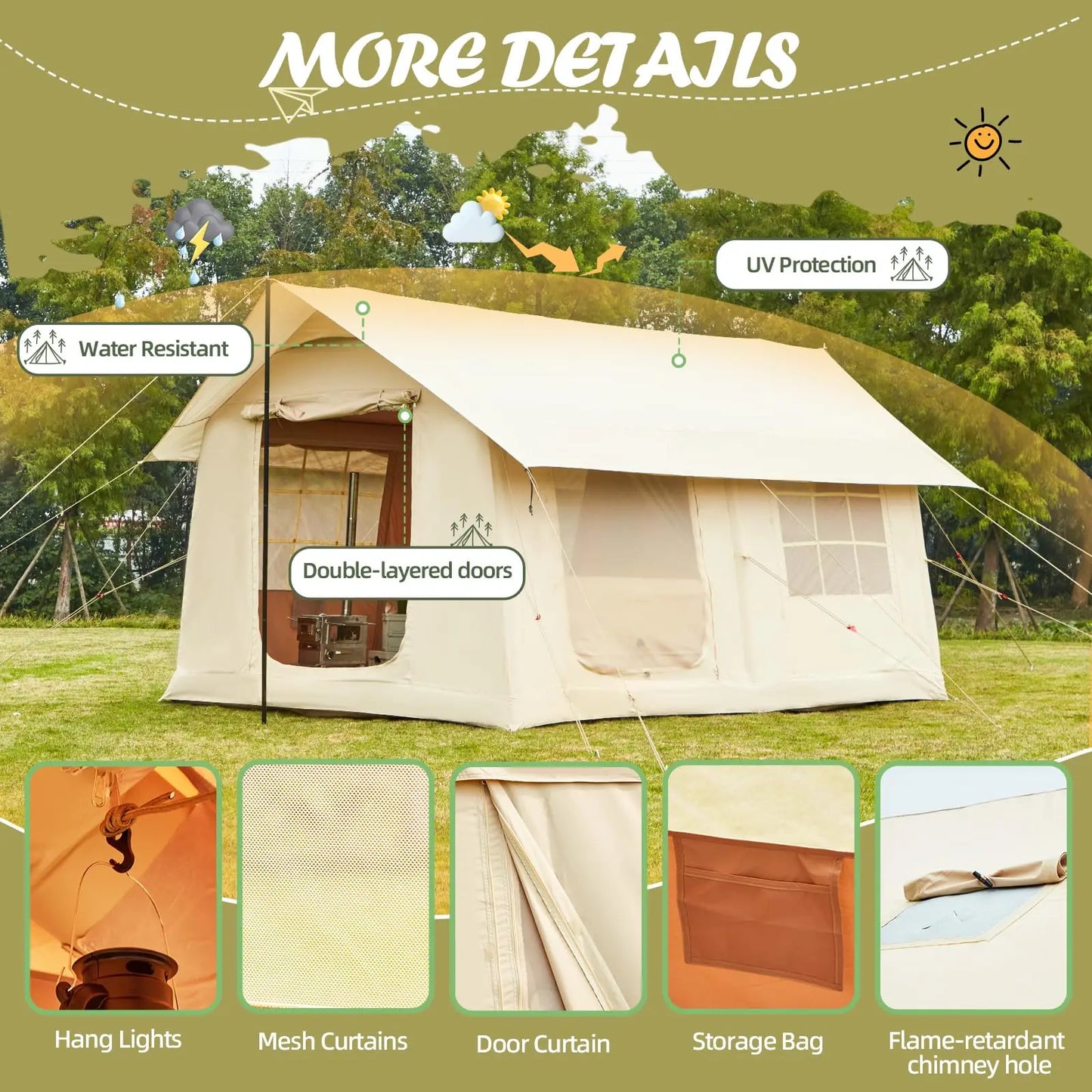 10-12 People Inflatable Tent for Camping 129 sqft Large Inflatable Tent, Easy Setup Glamping Tent with stove jack ,4 Season Tent