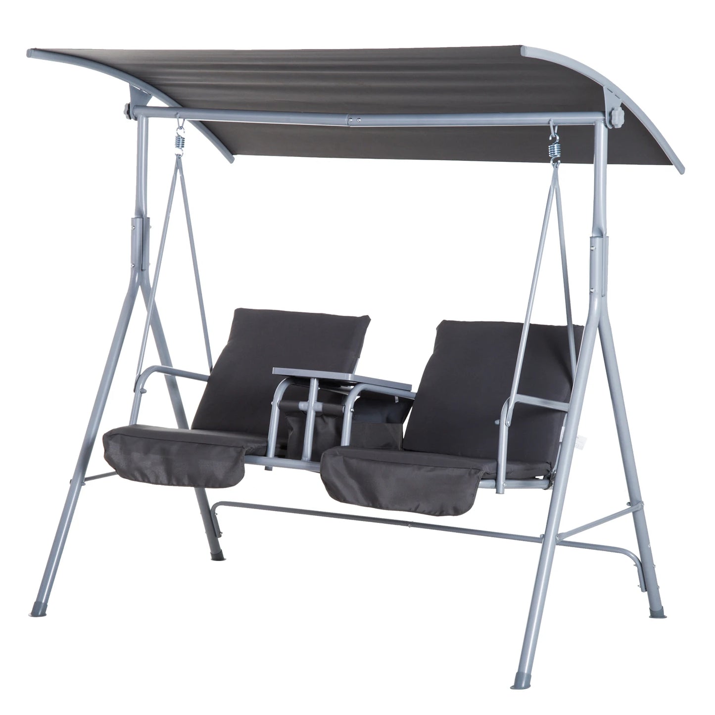 Outsunny 2 Seater Garden Swing Chair Patio Rocking Bench W/ Tilting Canopy, Double Padded Seats, Storage Bag and Tray, Grey