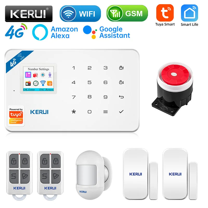 KERUI 4G/2G Smart Home Security Alarm System with Door Sensor Motion Detector Siren Tuya Smart WIFI GSM Burglar Alarm Kit