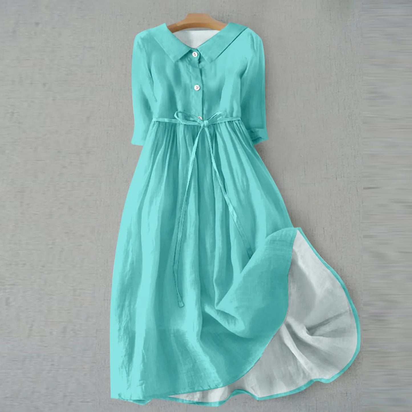 Women Beach Dress Solid Color Summer A-line 3/4 Sleeve Shirt Dress Casual Loose Female Sundress Holiday Baggy Long Robe