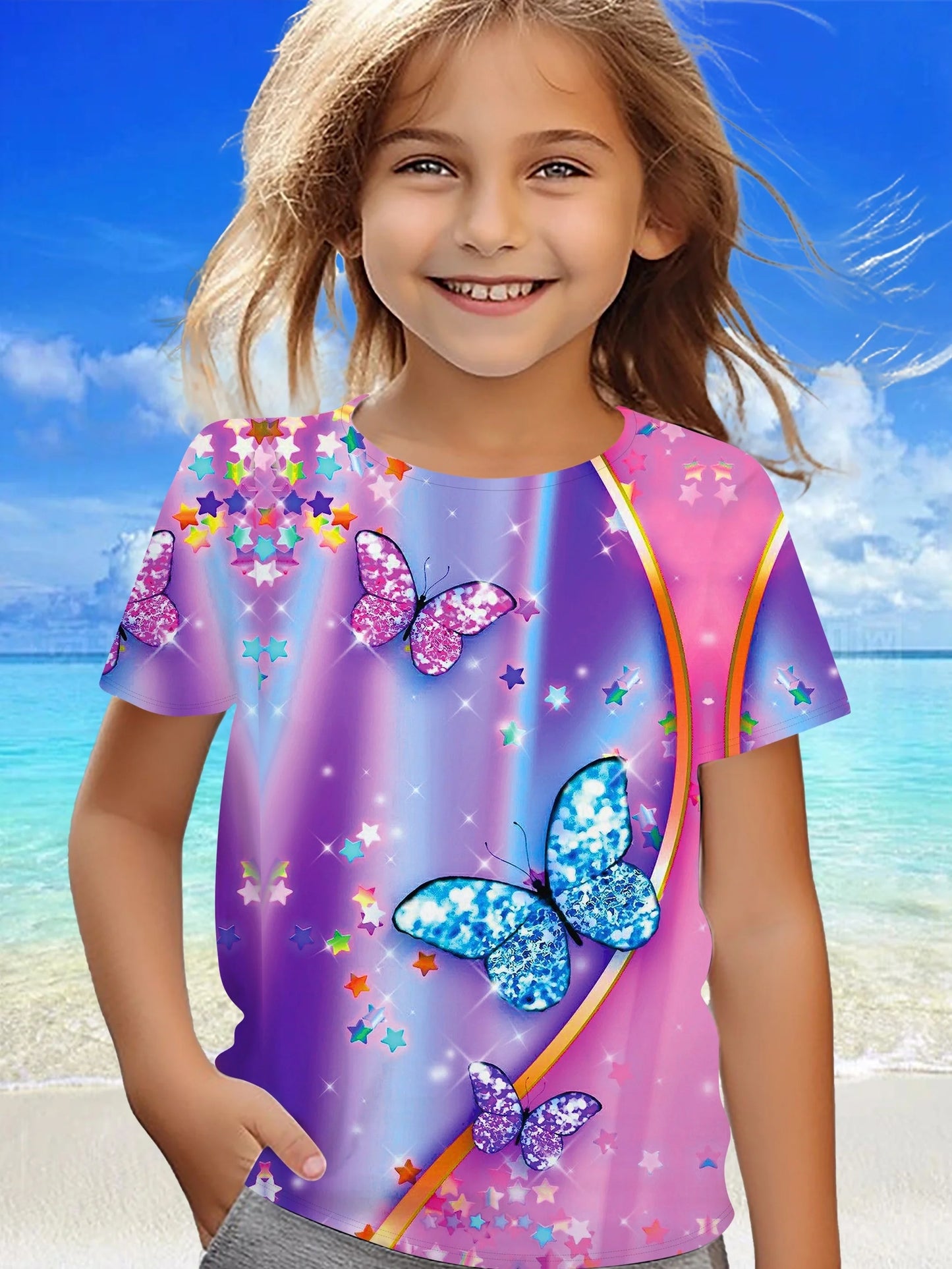 Children's Clothing Girl Clothes Short Sleeve Girl T-Shirt Prety Butterfly Print Kawaii Round Neck Girl Top Kids Summer Clothes
