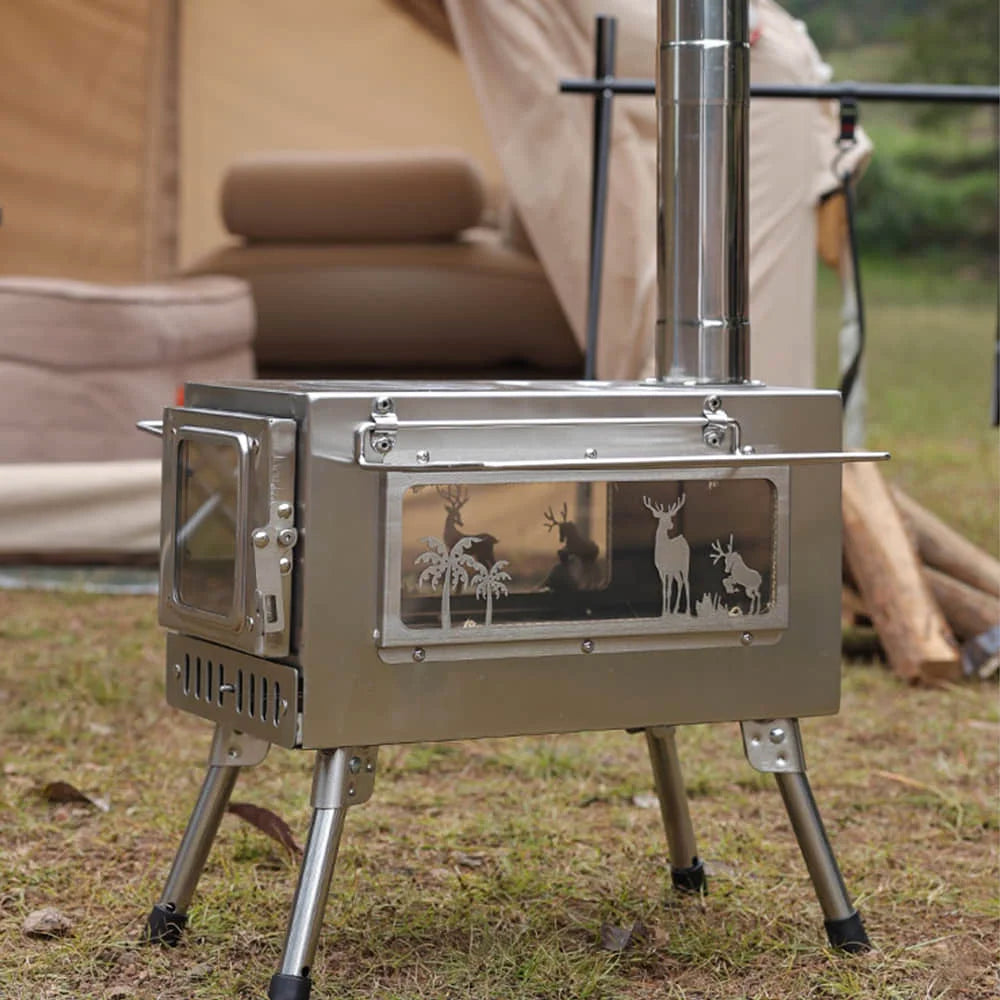 Portable Foldable Wood Stove Stainless Steel Heat-Resistant Tent Heater Light Outdoor Camping Cookstove