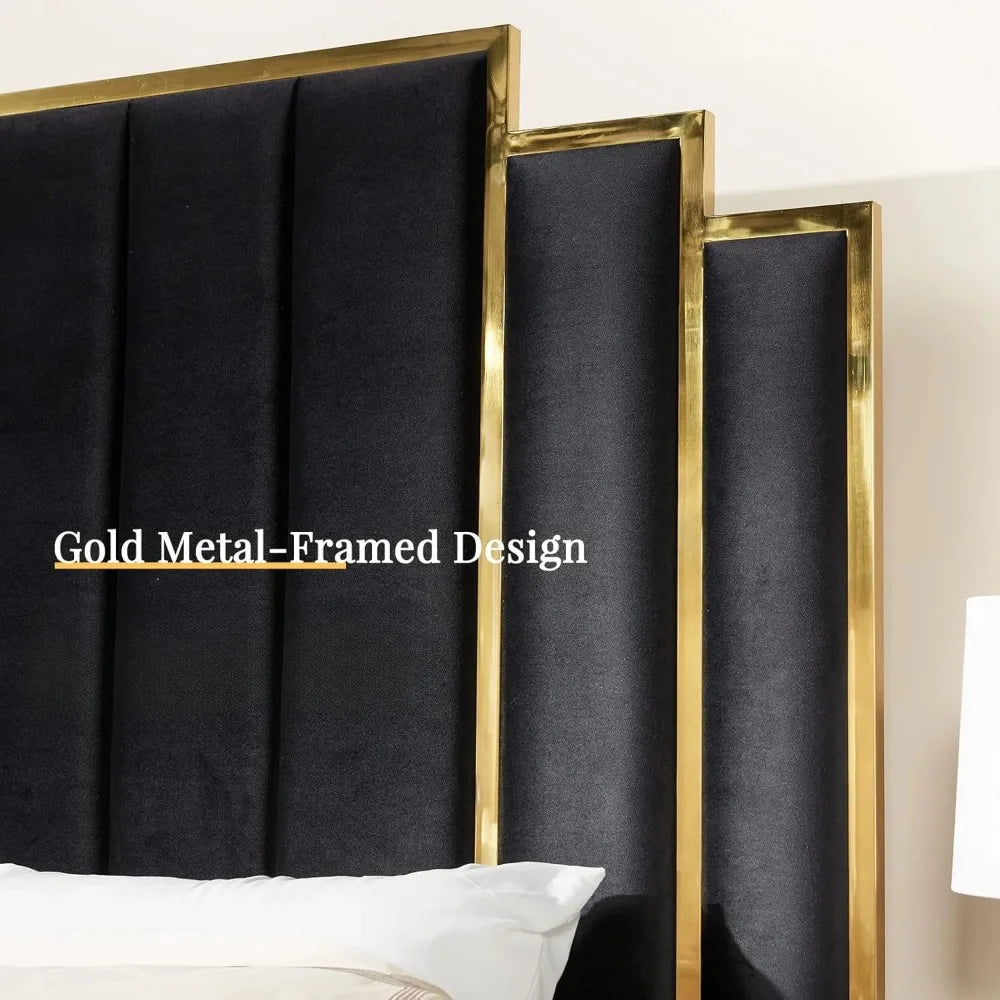 Queen Size Platform Bed Frame, 61.4" Velvet Upholstered Bed with Gold Trim Headboard/Wooden Slats/No Box Spring Needed