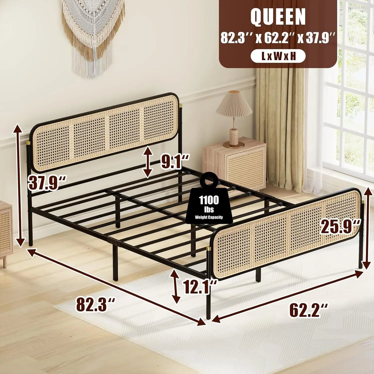 Rattan Bed Frame Queen Size with Headboard, Boho Bed Frame, Queen Bed Frame with Strong Metal Slats Support, Easy Assembly