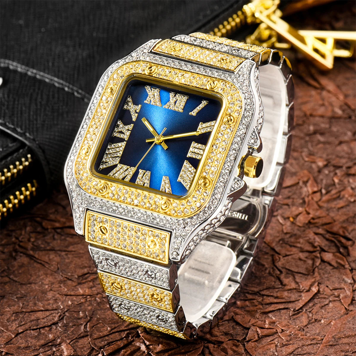Aokaishen Iced Out Diamonds Watches 2023 Trend Stainless Steel Wristwatches for men Full Stones Zircon Quartz Square Gift
