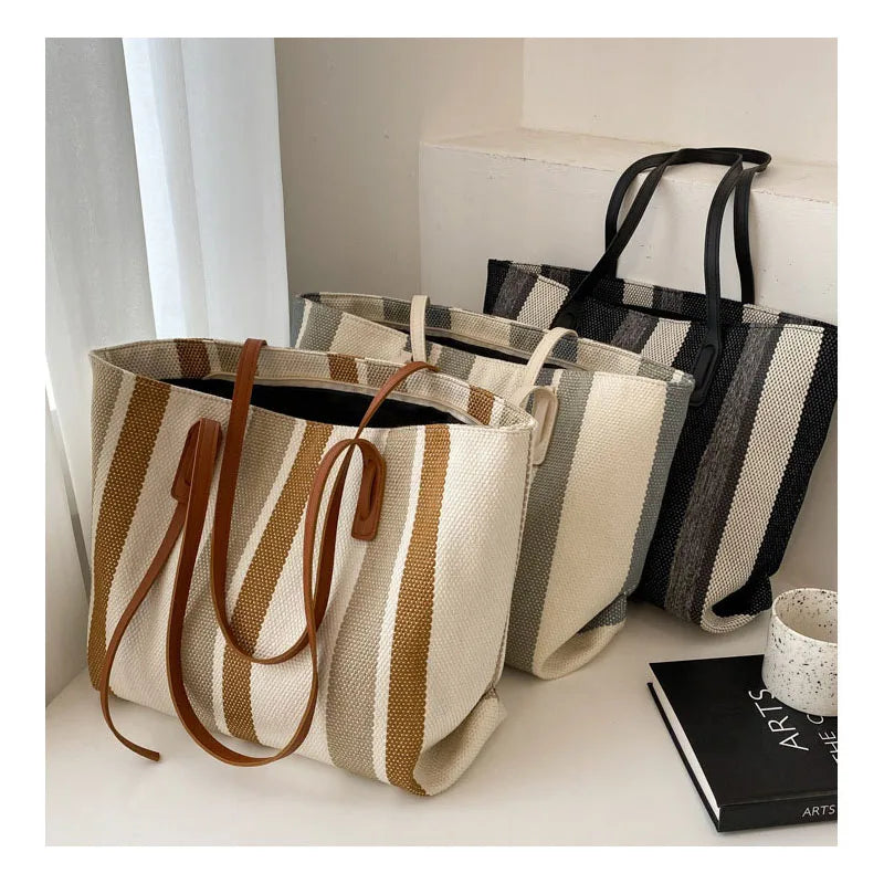 Raffia Summer Bags for Woman 2024 Stripe Designer Shoulder Crossbody Shopper Storage Bag Women Casual Canvas Handbag Tote Bag