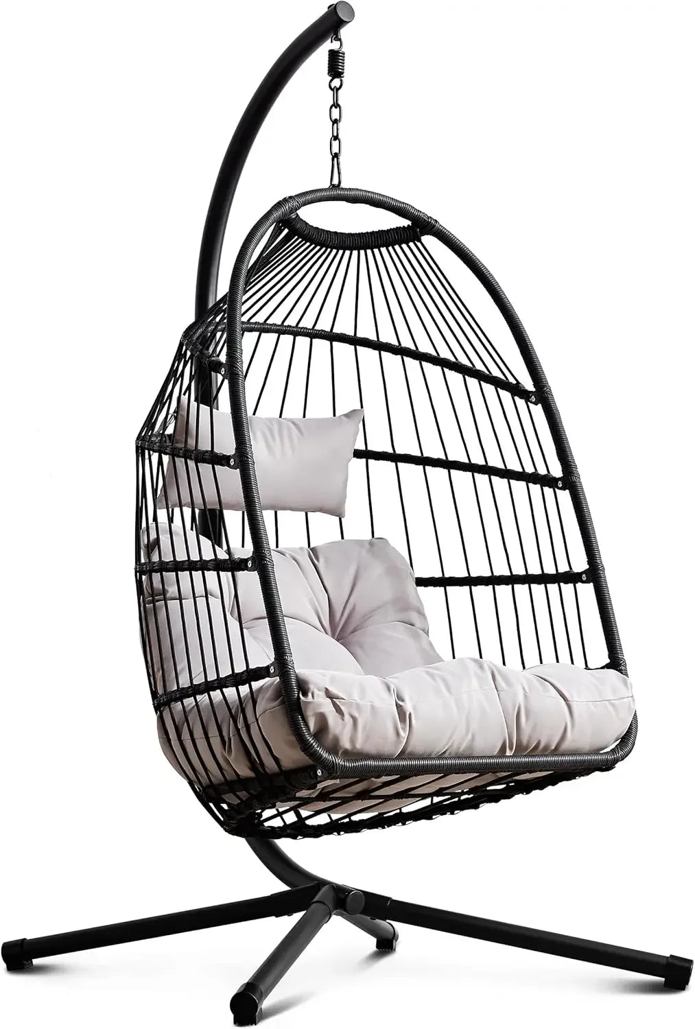 Egg Chair, Rattan Hanging with Cushion, Foldable Garden Patio Hammock Chair with Stand & Adjustable Height, Egg Chair