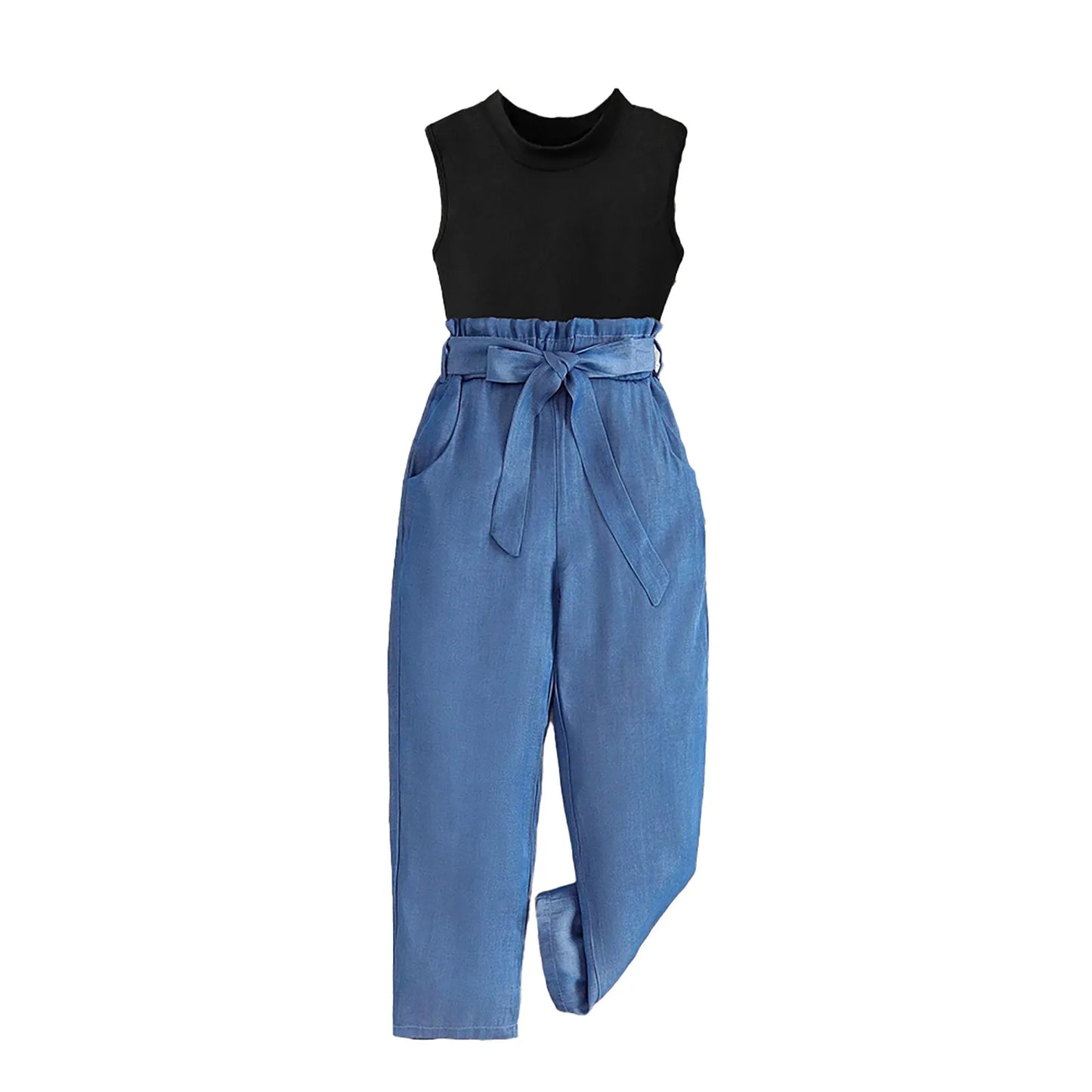 Summer Girls Thin Fashion Sleeveless Top High Waist Straight Tube Wide Leg Slimming Pantsuit Cotton Cute Baby Clothes