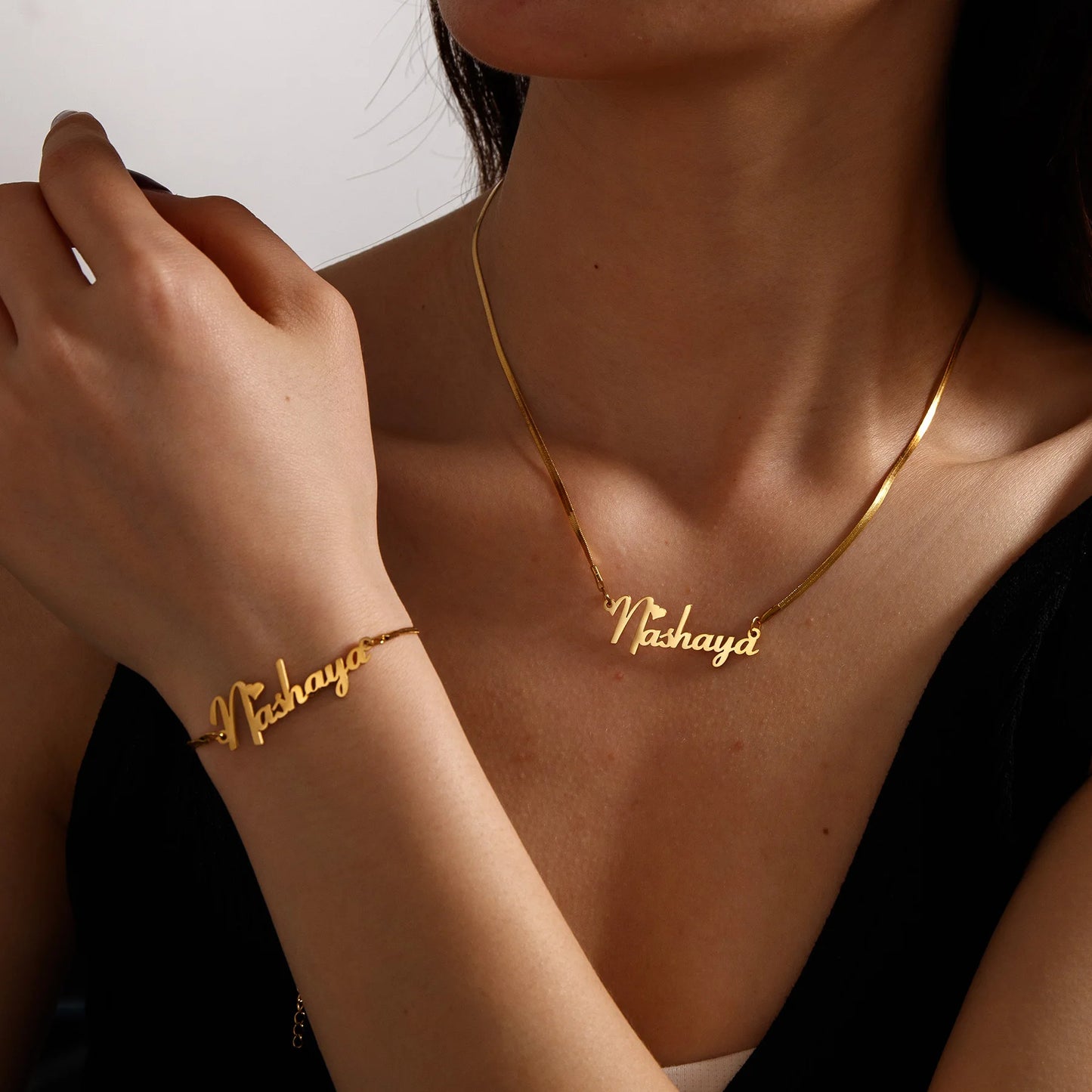 Acheerup Peraonalized Name Jewelry Set for Women Kids Stainless Steel Custom Blade Chain Choker Necklace Bracelet Birthday Gift