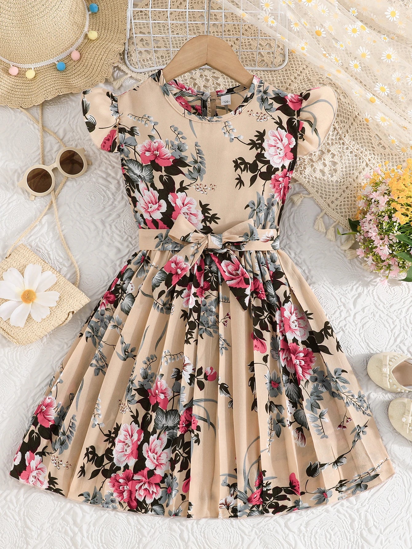 Dress For Kids 5-14 Years old Birthday Cute Floral Ruffled Sleeve Pleated Skirt Princess Dresses Ootd For Baby Girl