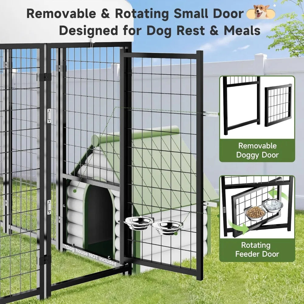 Dog Kennel Pen Outside Outdoor Dog Run with Roof, Swivel Feeders/Removable Doggy Door Allow Connecting Your Dog House- Kennel He