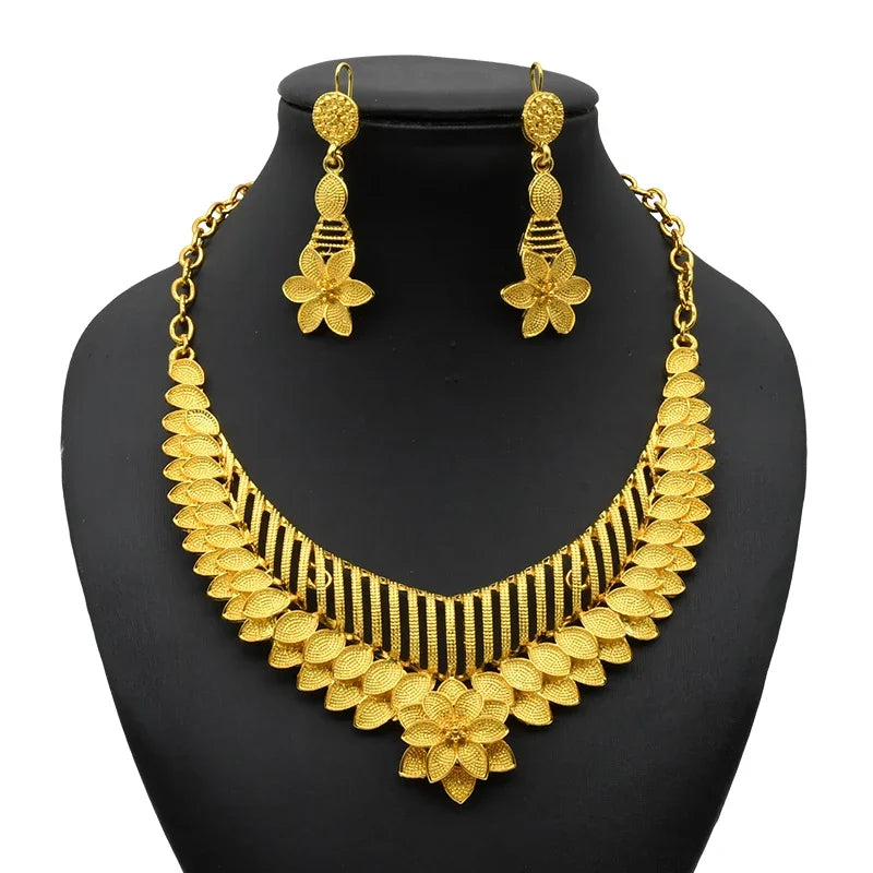 Dubai Jewelry Set For Women 24K Gold Color African Necklace Earrings Indian Nigeria Bridal Wedding Party Jewellery Gifts