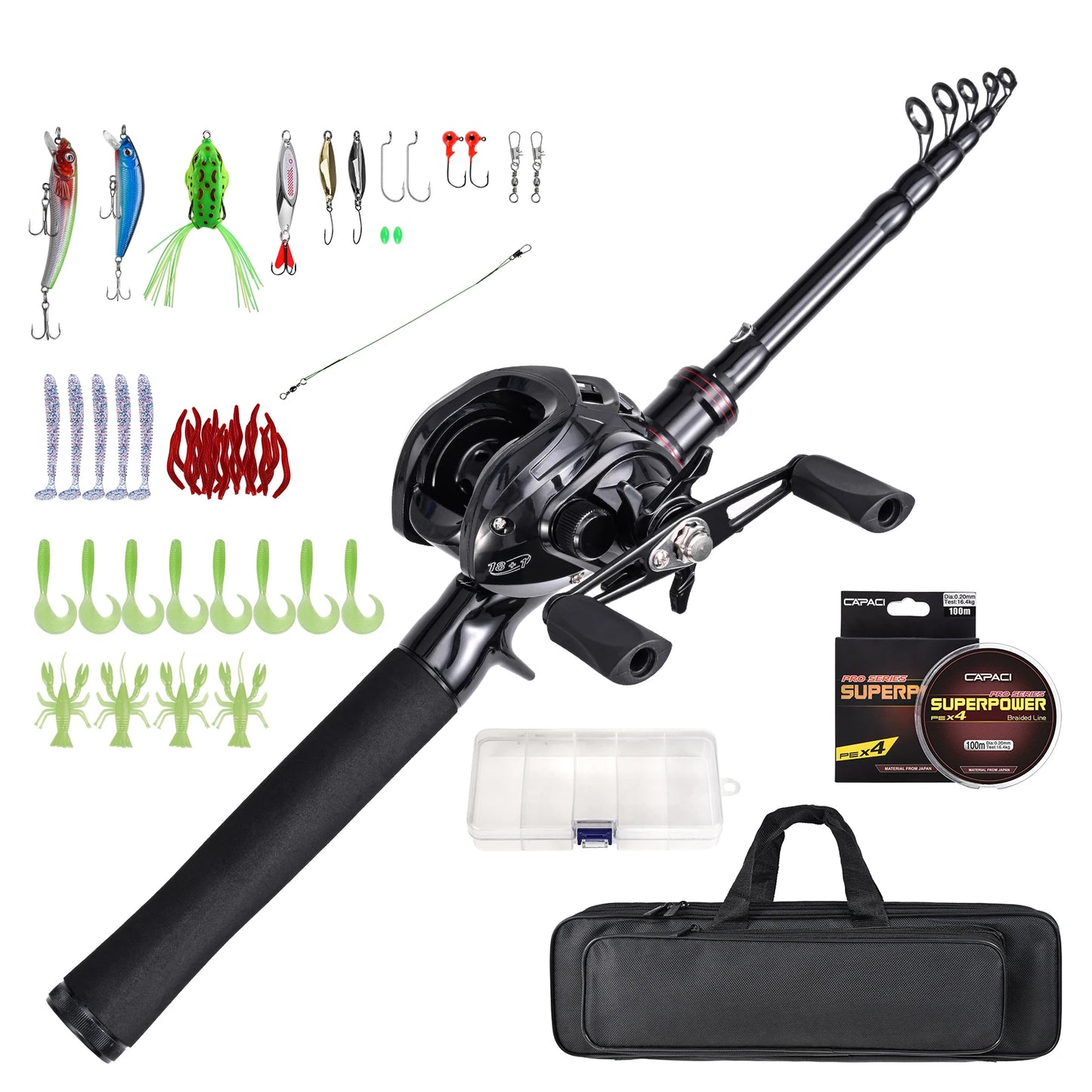 Fishing Rod Reel Combo Set Portable Telescopic 180cm/210cm w Spinning Reel Bait and Hook Accessories Sea Fishing Tackle Bag Case