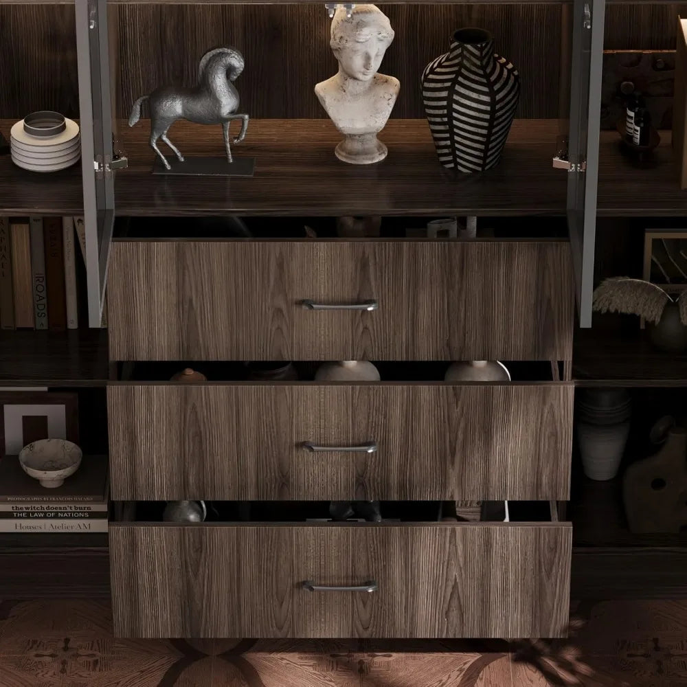 Display Cabinet with Glass Doors and Lights, Display Case Trophy Case with 3 Drawers & Storage Shelves, Pop-up Design, Glass Ca