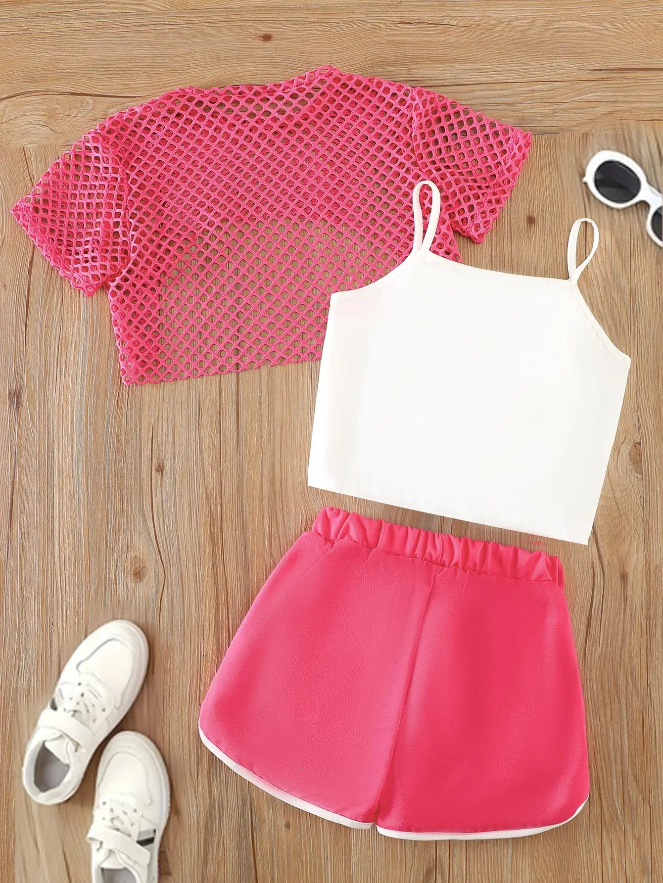 Girls Three-Piece Clothing New Breathable Summer Thin Fashion Short-Sleeved Mesh Top + Letter Printed Short Vest Suspender + Letter Printed Sports Shorts