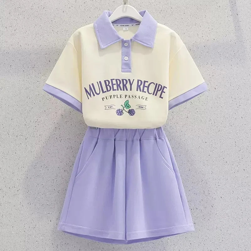Summer Girls Clothing Set Letter Embroidered Pattern Casual Short Sleeve Tshirt+ Shorts 2Pcs Outfit Suit For 8-13 Years Kids
