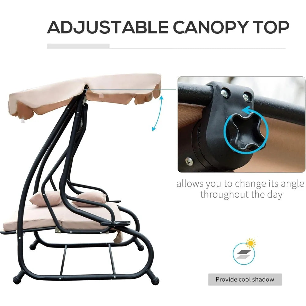 Garden Swing Chair, 2-in-1 3 Seater Convertible Swing Chair with Tilting Canopy, Cushioned Seat and 2 Pillows, Patio Swing Bench