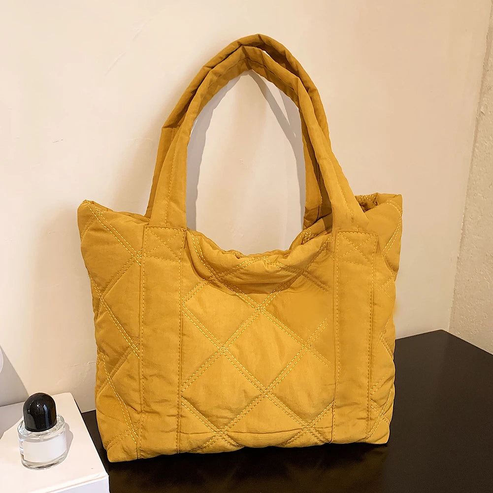 Ladies Diamond Lattice Bag Large Capacity Padding Top Handle Bag Solid Color Quilted Padded Bag Stylish Shopping Bag