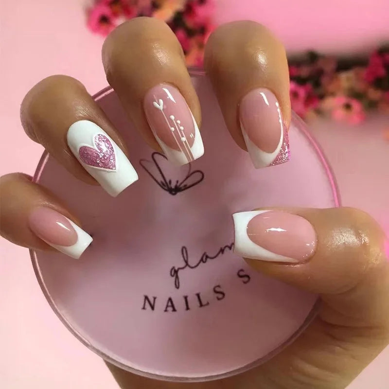 24pcs Aurora White French Press on Nails Short Sqaure Chrome Fake Nails with Glue Metallic Designs Artificial False Nail Tips