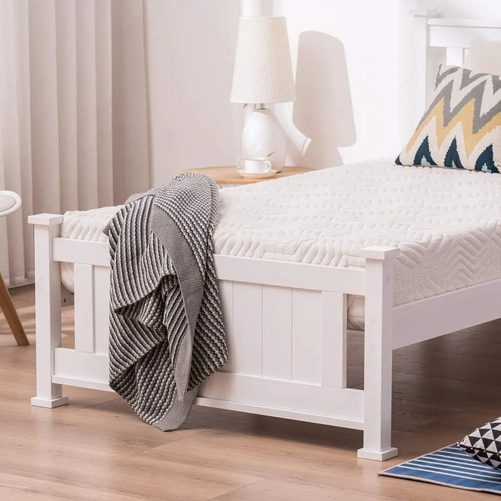 Twin Size Solid Wood Platform Bed Frame, Single Bed with Headboard, Wood Slat Support Mattress Foundation, White
