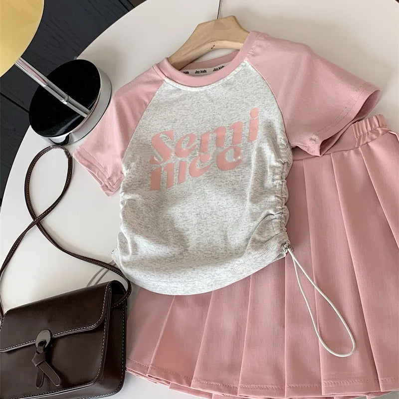 Short Sleeves Top Pleated Skirt 2-Piece Suits Children Girls Letter Print Clothes Kids Casual Sets Teens Summer T-Shirt Outfits