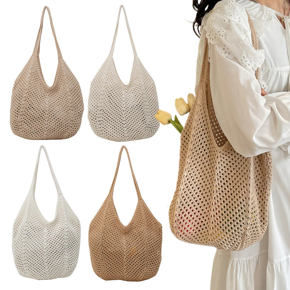 Women Hollow Summer Bag Solid Color Aesthetic Hobo Bag Large Capacity Knitted Tote Handbag Ladies Daily Handbag