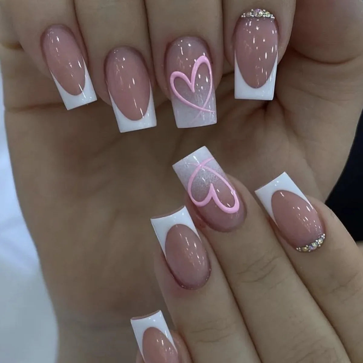 24pcs Aurora White French Press on Nails Short Sqaure Chrome Fake Nails with Glue Metallic Designs Artificial False Nail Tips