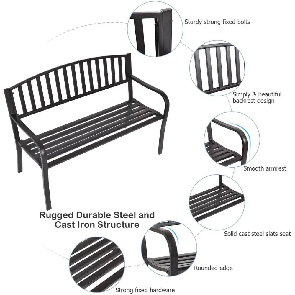 2 Seater Garden Bench, Decorative Pattern Iron Park Chair Seat, Outdoor Leisure Loveseat for Garden, Patio, Porch and Yard