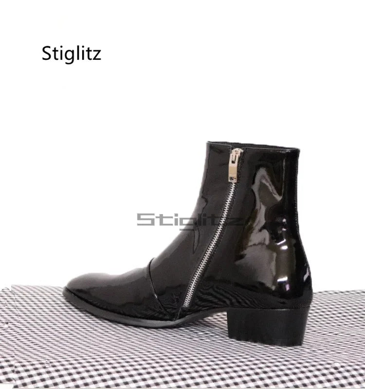 Light Patent Leather Chelsea Boots for Men Pointed Toe High Heel Ankle Boots Side Zipper Fashion Men's Boots High Top Shoes