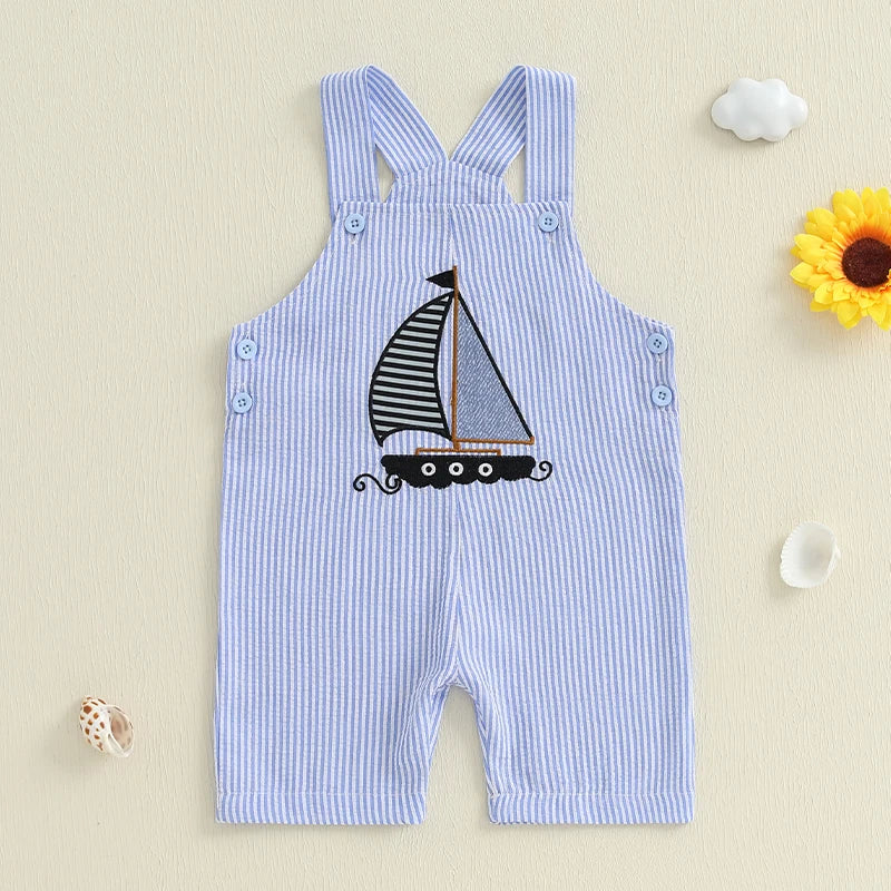 Baby Boys Sleeveless Romper with Nautical Sailboat Patch and Striped Overalls for Summer Beach Outings