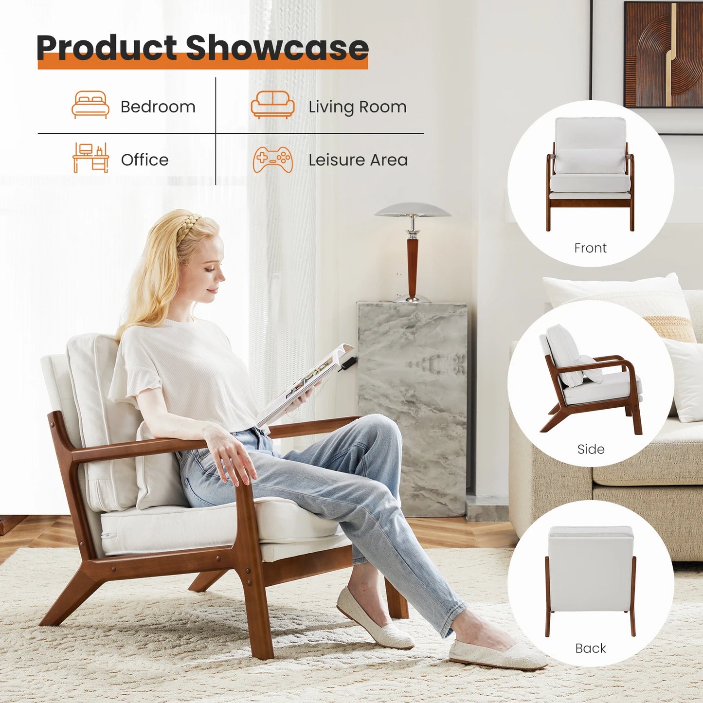 JHK Mid Century Single Living Room Sofa with Lumbar Pillow Upholstered Comfy Reading Chair With Wood Frame For Bedroom
