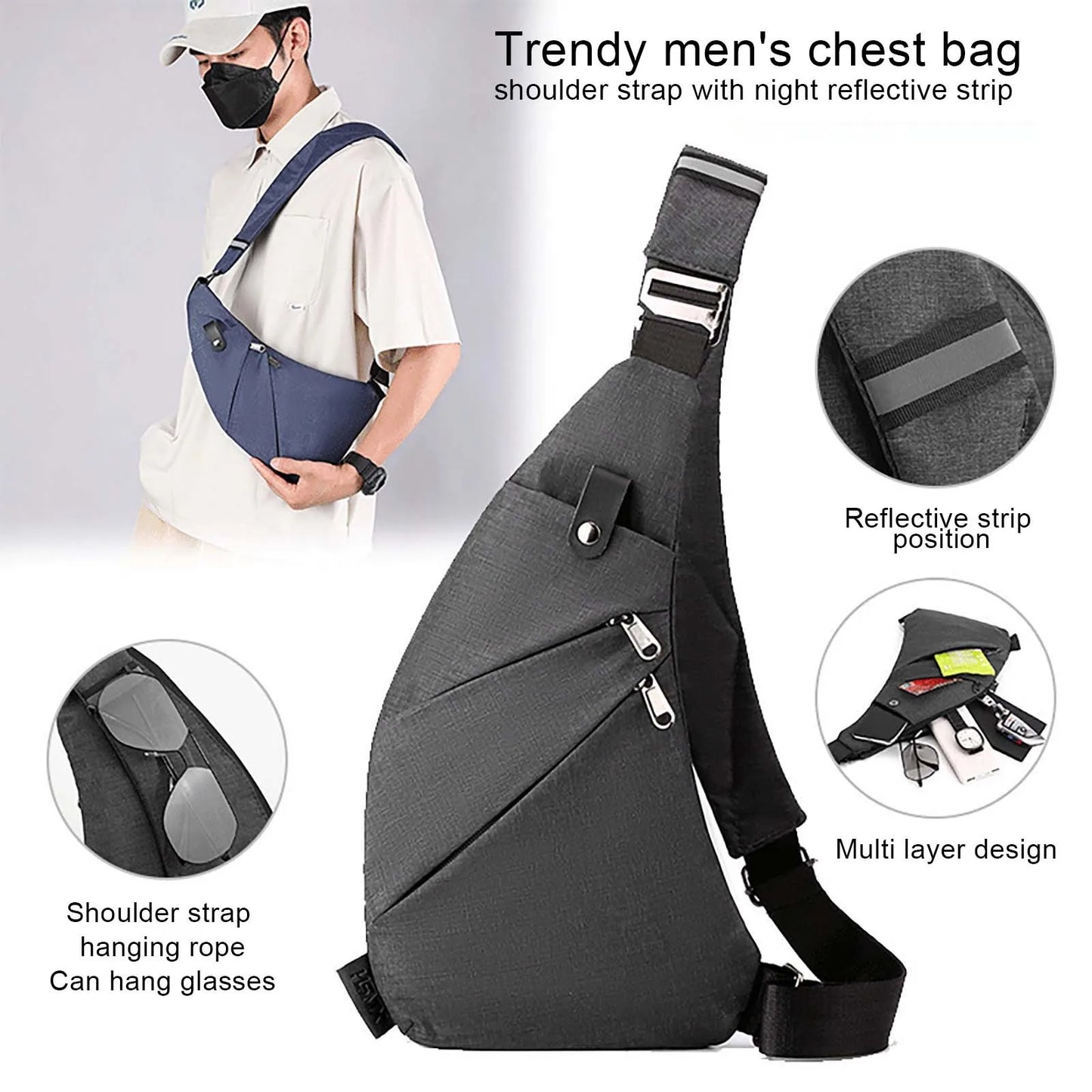 Versatile Men's Outdoor Chest Bag with Crescent Shape & Adjustable Slanted Shoulder Strap, Durable Nylon Design for Travel