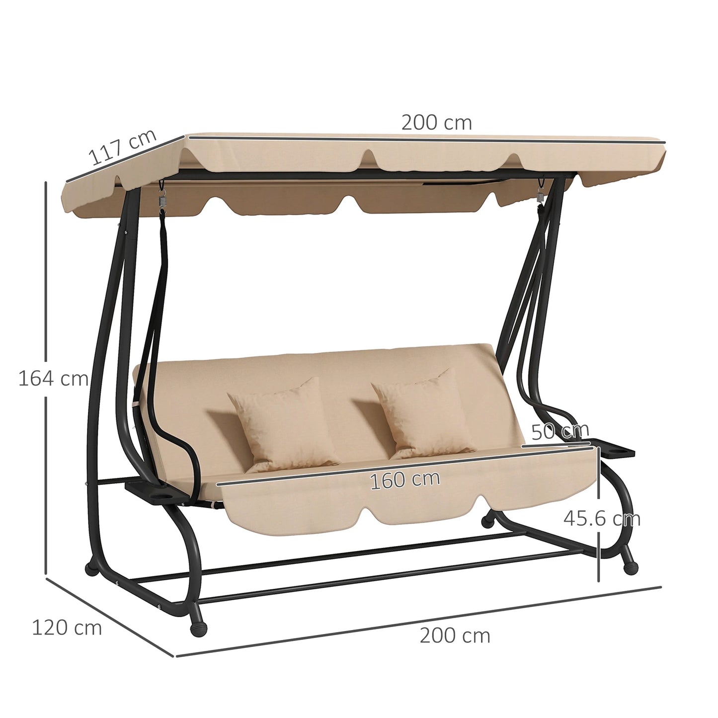 Outsunny 2-in-1 Garden Swing Seat Bed, 3 Seater Convertible Swing Chair Bench with Tilting Canopy, Cushioned Seat and 2 Pillows