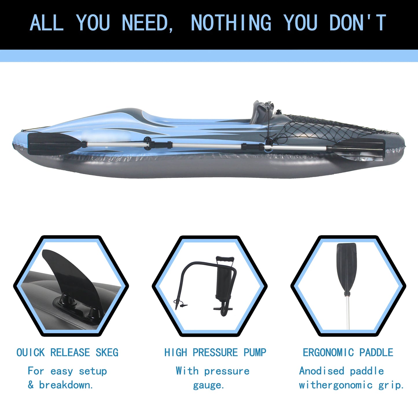 Inflatable Blue Kayak Fishing Boat 1 Person Adult Canoe, with Paddles, Bag, Seats, High-Output Pump, Fin, for Lakes & Rivers