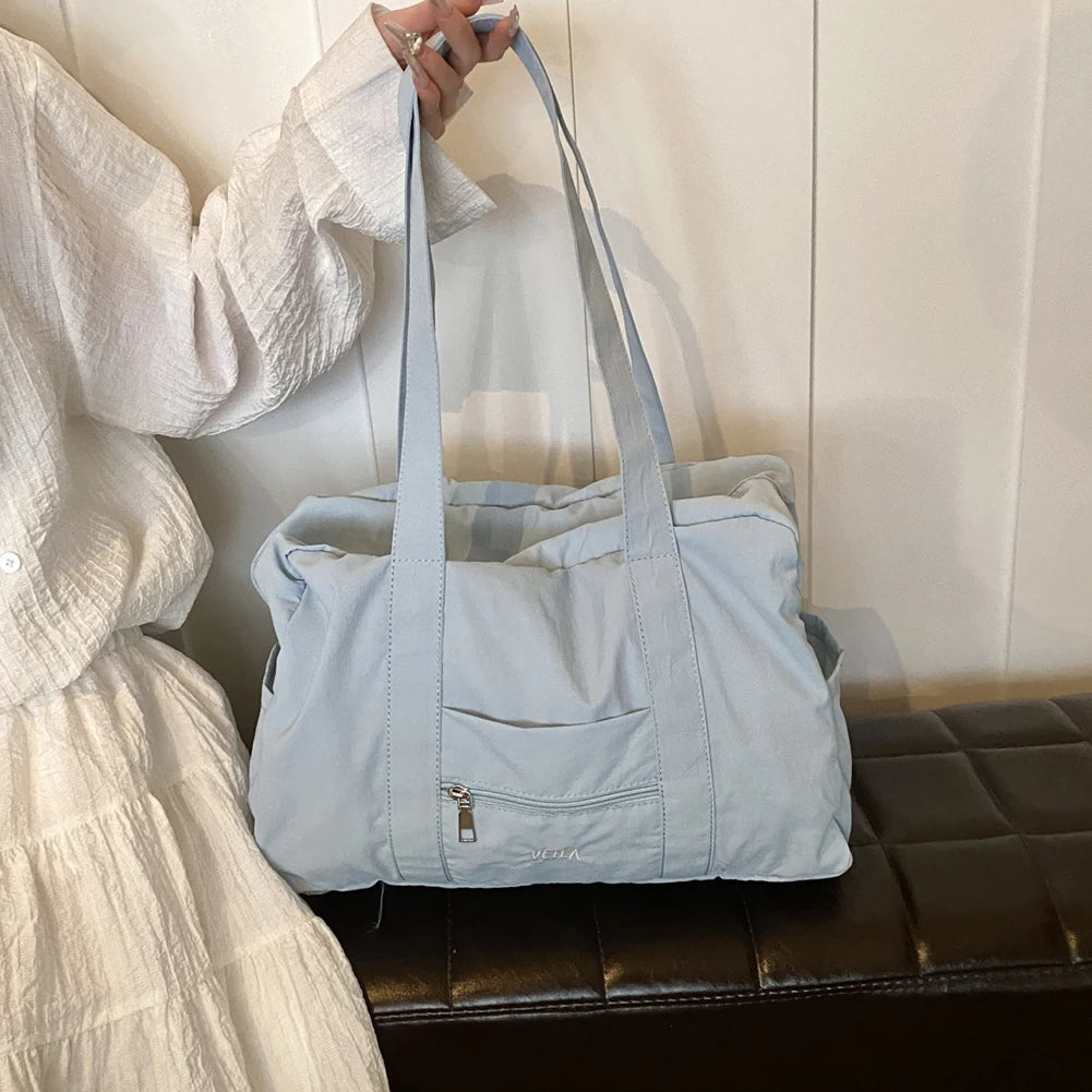 Unisex Travel Shoulder Bag Solid Color Travel Carry-On Handbag Multi-Pocket Lightweight Tote Handbag Outdoor Short Trip Bag