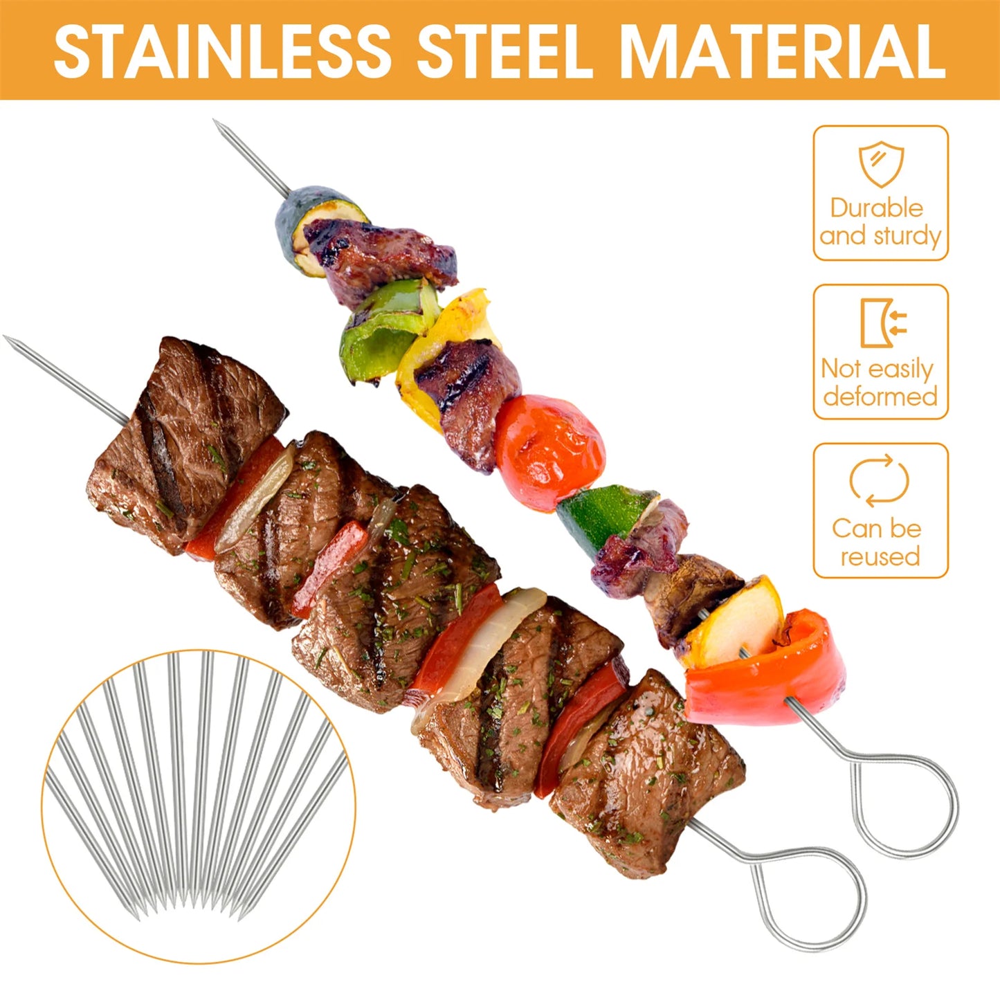 10/12pcs Stainless Steel Barbecue Skewer Reusable BBQ Kebab for Outdoor Camping Picnic Tools Cooking Tools Kitchen Accessories