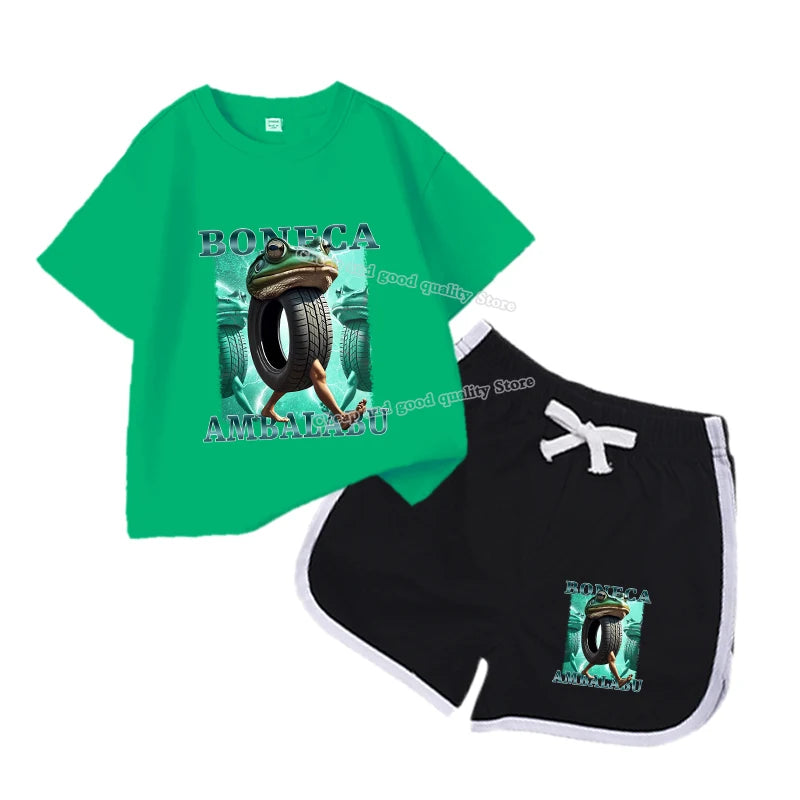 2Pcs Italian Brainrot Summer Children's Casual Set for Boys Girls Loose Short Sleeved Breathable and Comfortable Set Tracksuits