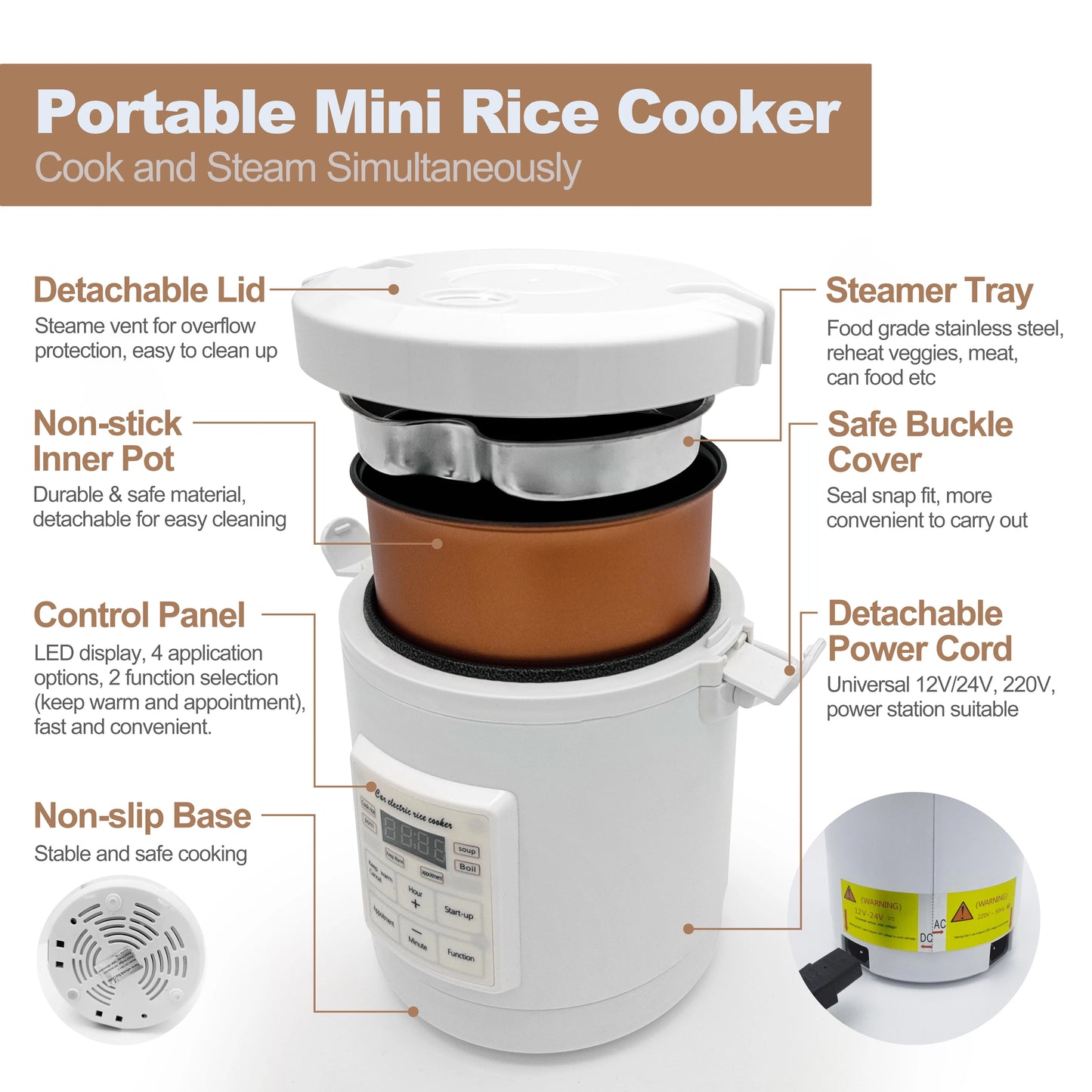 New Coming Rice Cooker Used in Car and Truck 12v to 24v also for Home 220V Enough For Two Persons