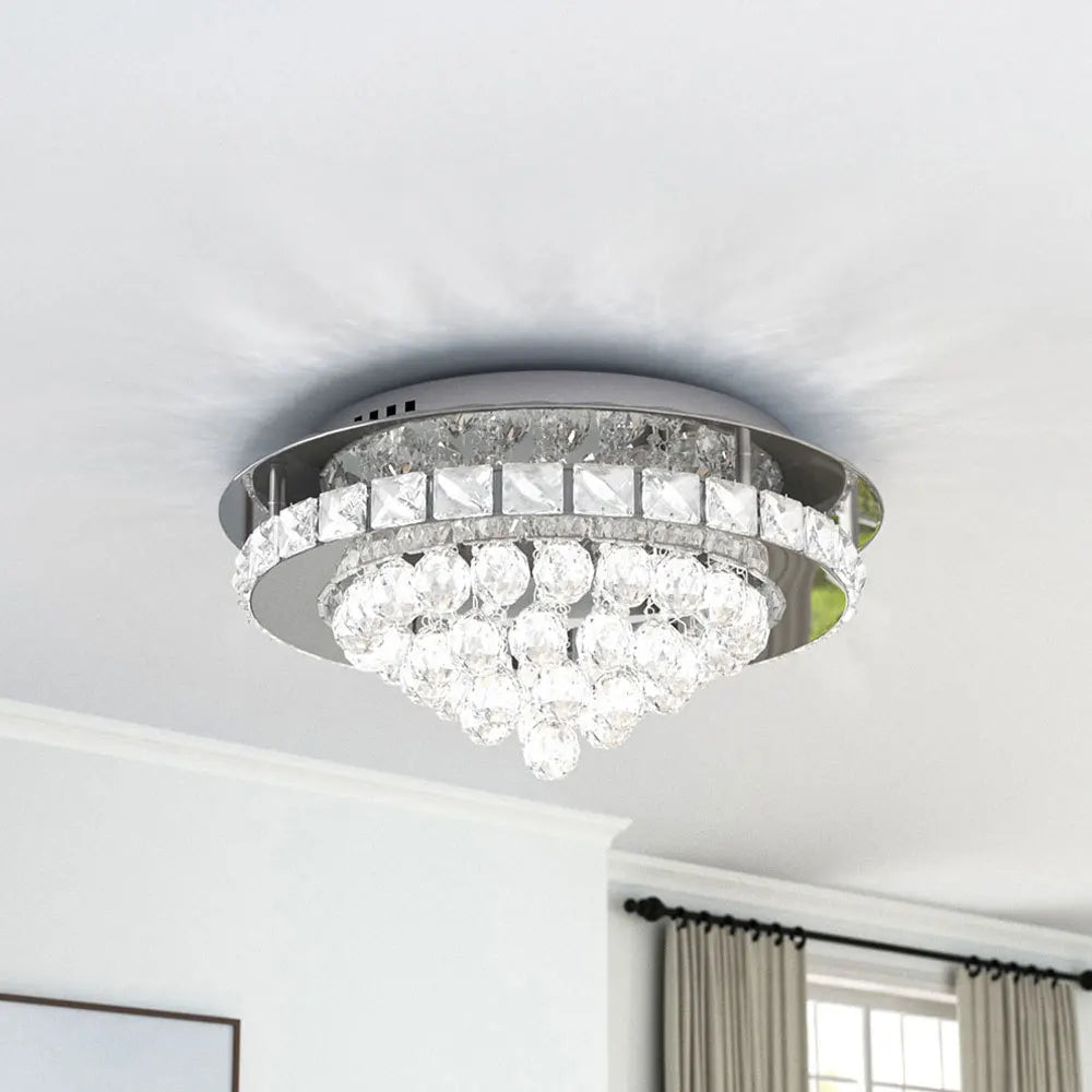 KOMORE Round Crystal-droplets LED Semi Flush Mount Ceiling Light, 36 W Polished Chrome Cool White / Stepless Dimming