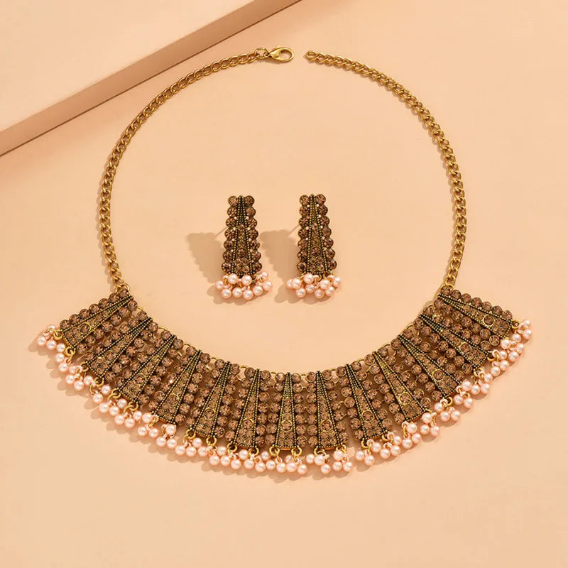 Statement Jewelry Sets Crystal Vintage Elegant Geometric Simulated Pearl Beads Necklace Earring Sets Fashion Women Accessories