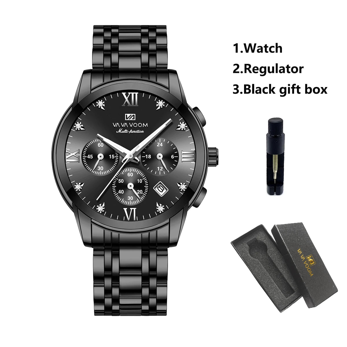 VA VA VOOM Men Multifunctional Watch Fashionable Stainless Steel Strap Blue Gold Gorgeous Rhinestone Clock Casual Sports Watches