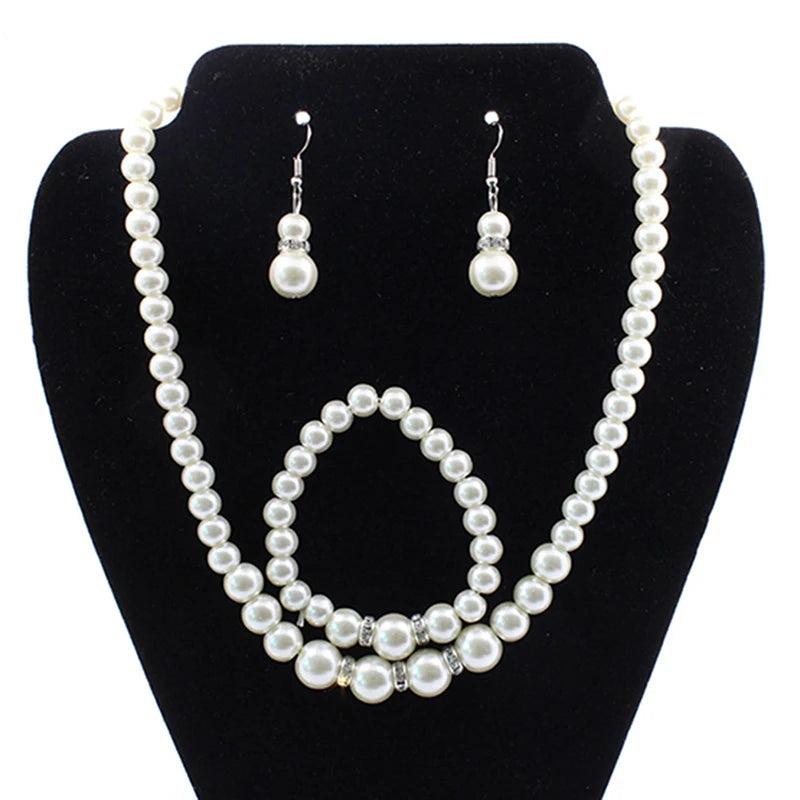 Fashion Jewellery Diamonds Rhinestones Pearls Necklace Bracelet Earrings Set Ladies Party Wedding Jewellery