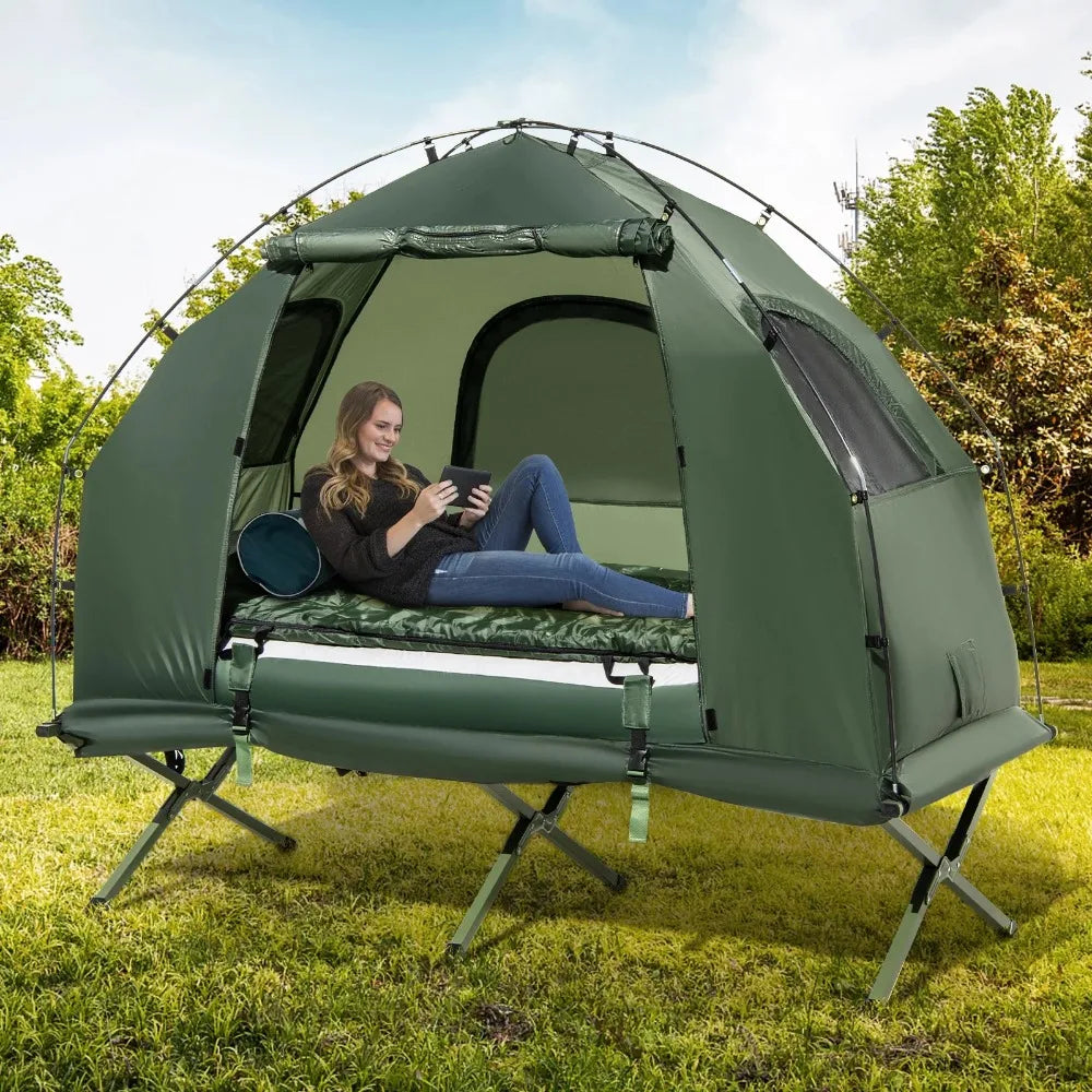 1-Person Waterproof Camping Tent Cot with Air Mattress, Pillow, Sleeping Bag