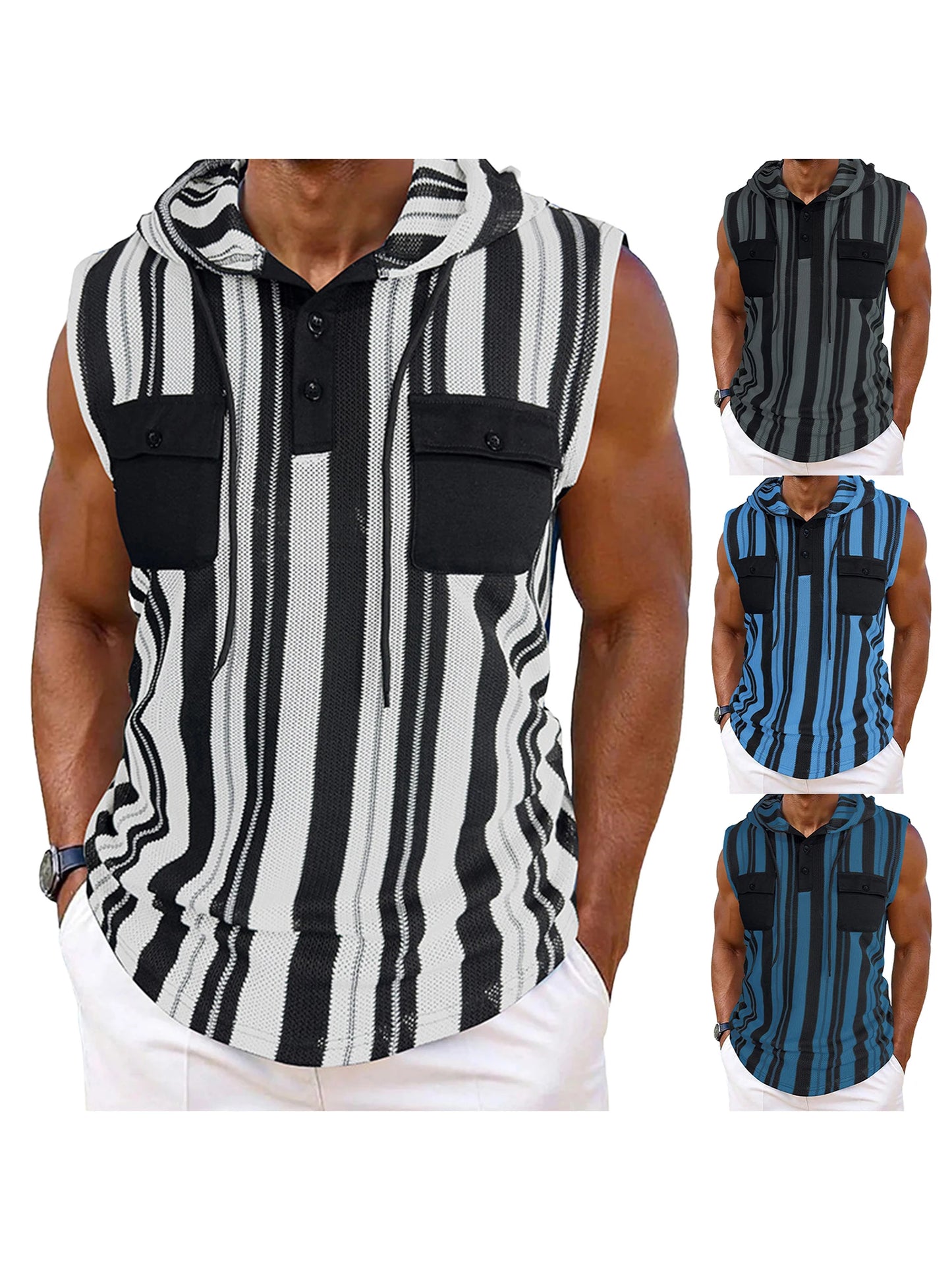 Men s Stylish Sleeveless Striped Tank Top with Hood and Drawstring Casual Button-Up Vest Featuring Pockets for Summer Wear