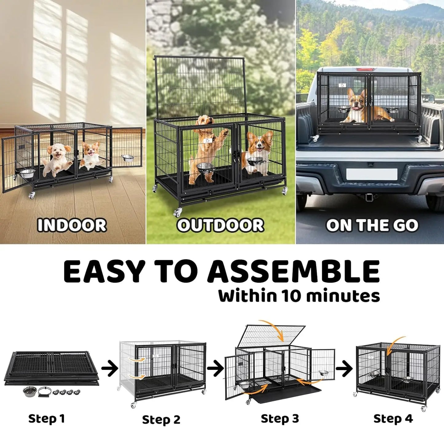 43 Inch Metal Open Top Stackable Heavy Duty Dog Cage Kennel with Three Door, Metal Floor Grid, Tray, Wheels, Divider and Feeding